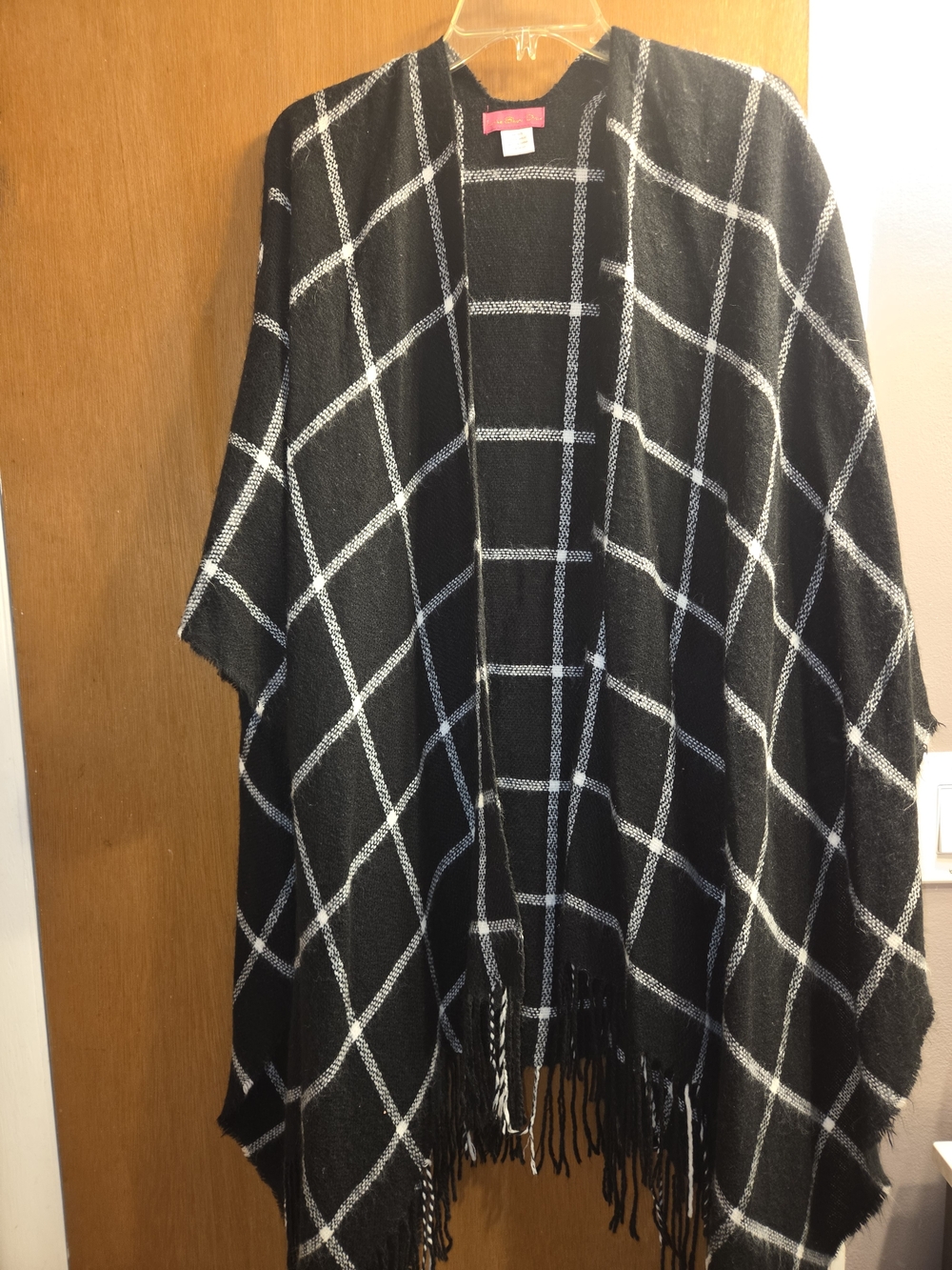 Black Windowpane Fringe Poncho Wrap - Unbranded